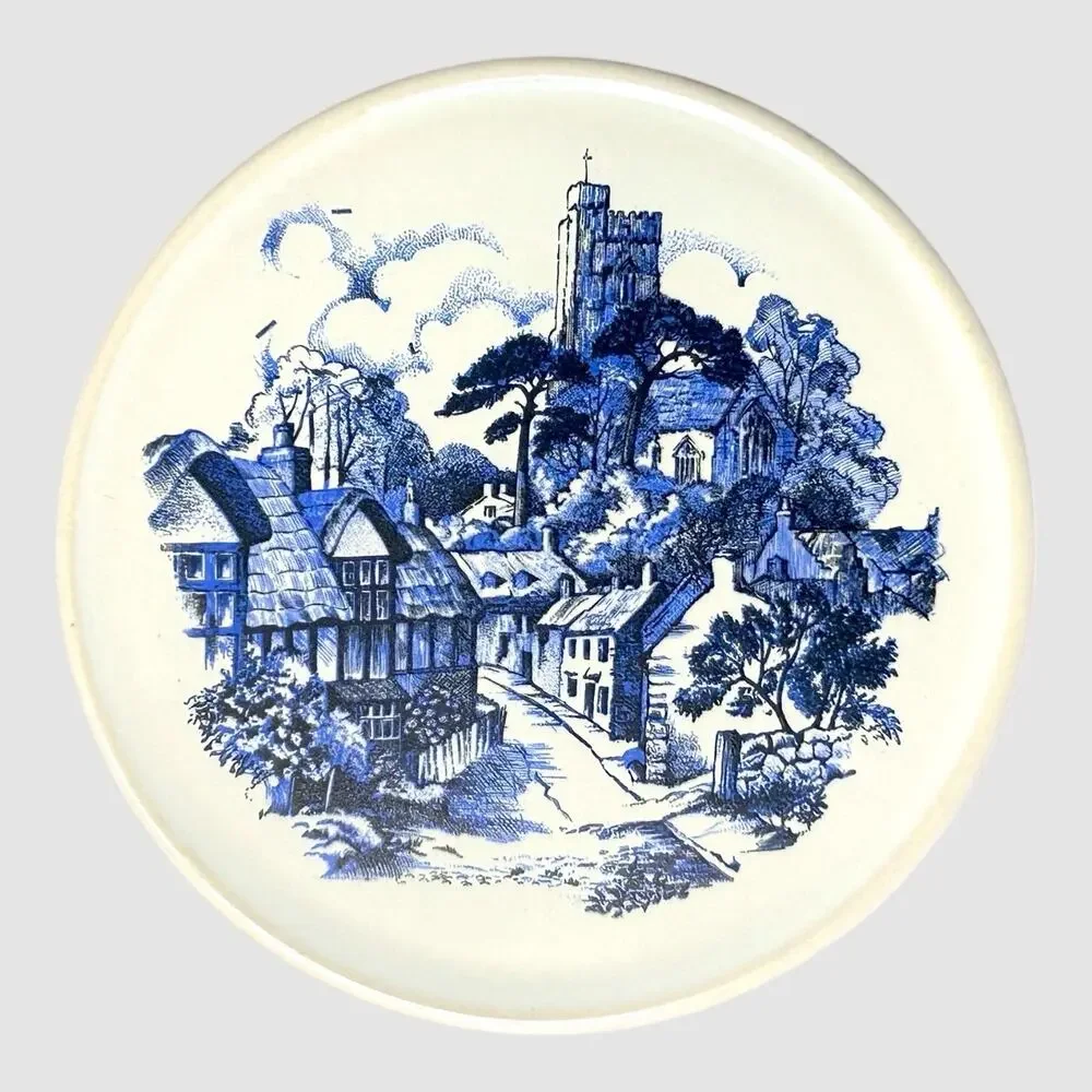 Vintage HR Johnson Tiles 3 Round Delft Blue White Village Scene England 3.5 Inch